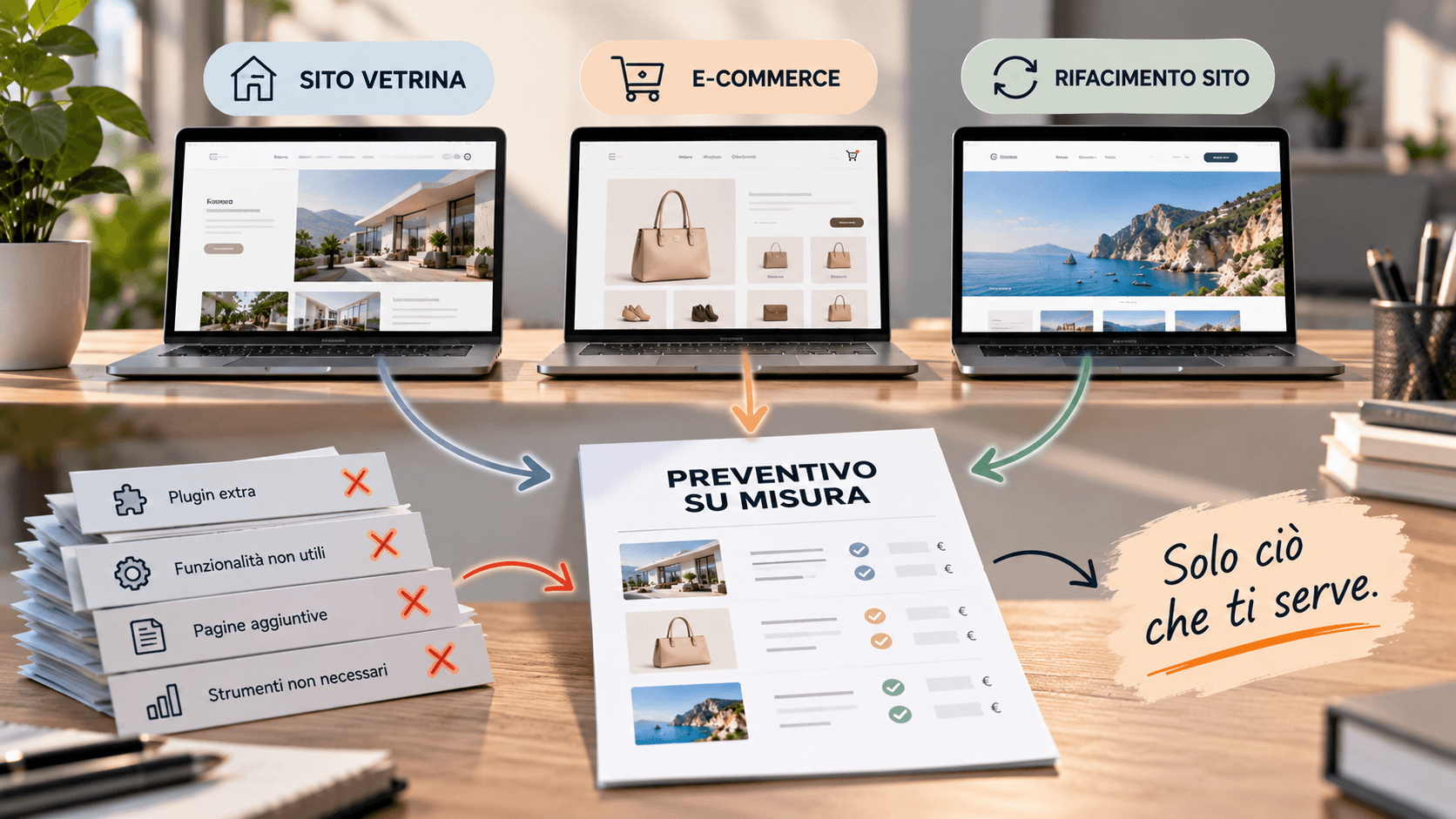 Illustrazione del preventivo su misura per sito vetrina, e-commerce o rifacimento, senza extra inutili