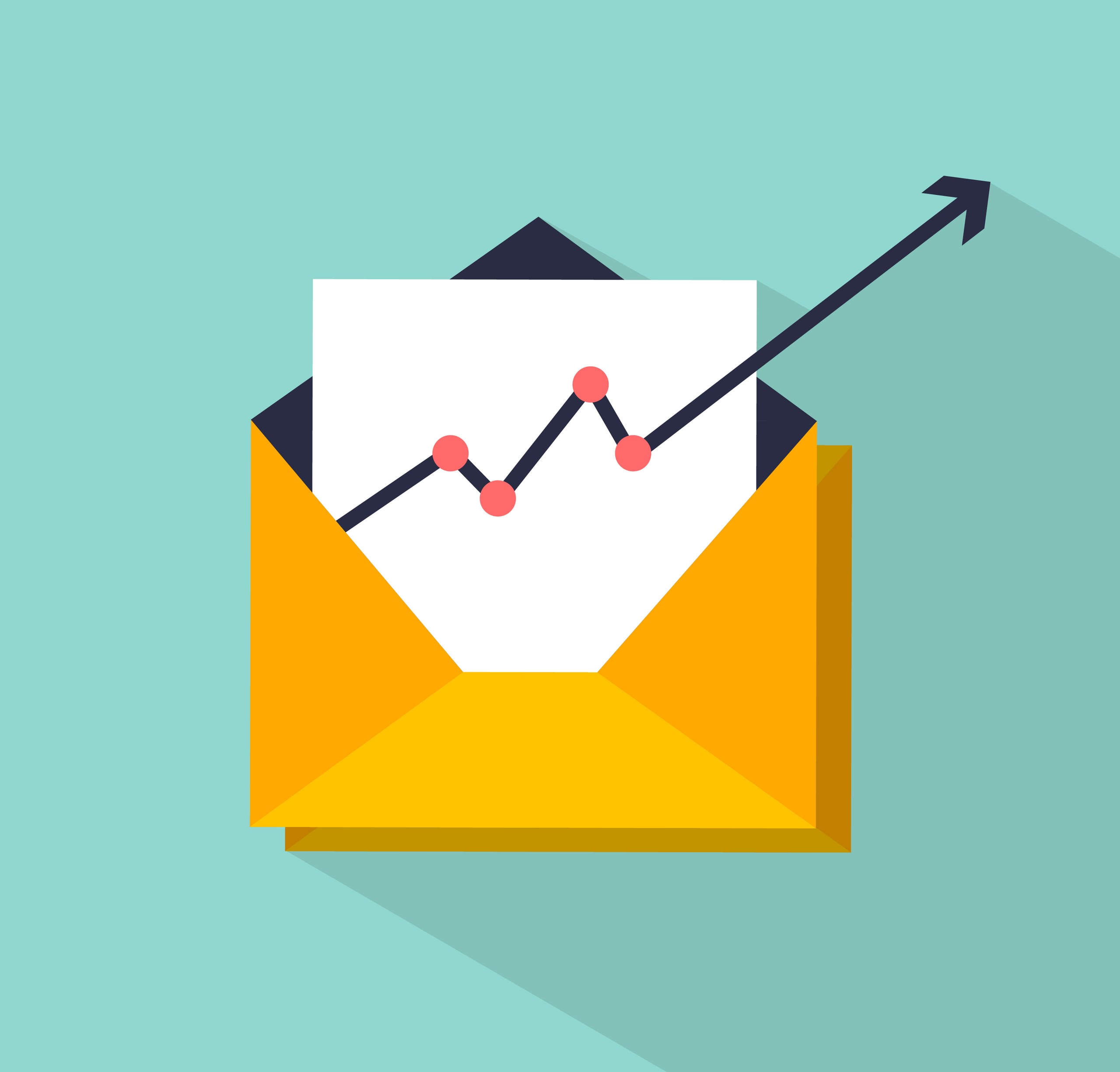 Illustrazione di una busta email con un grafico in crescita