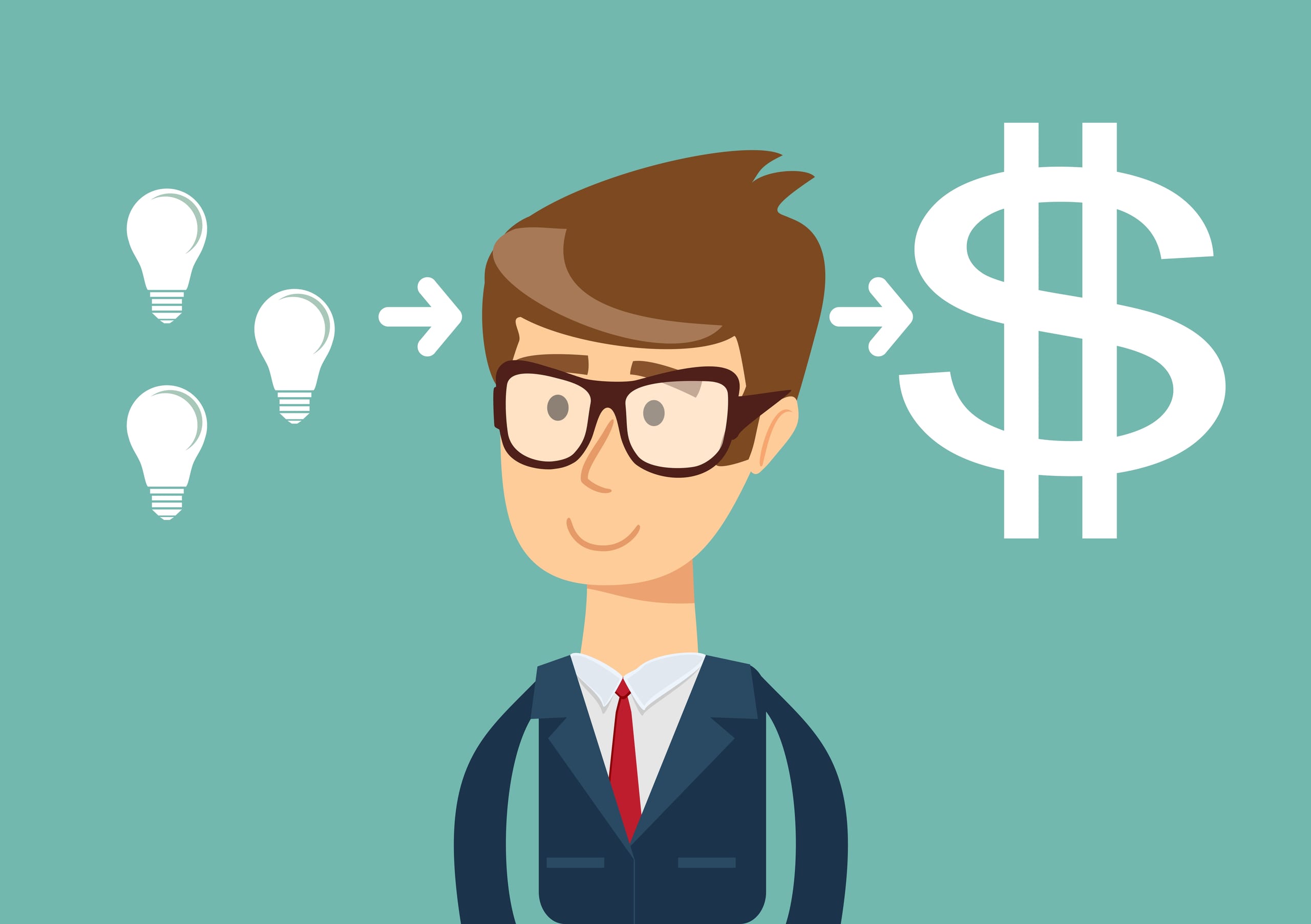 Illustrazione di un uomo d'affari tra lampadine delle idee e simbolo del dollaro