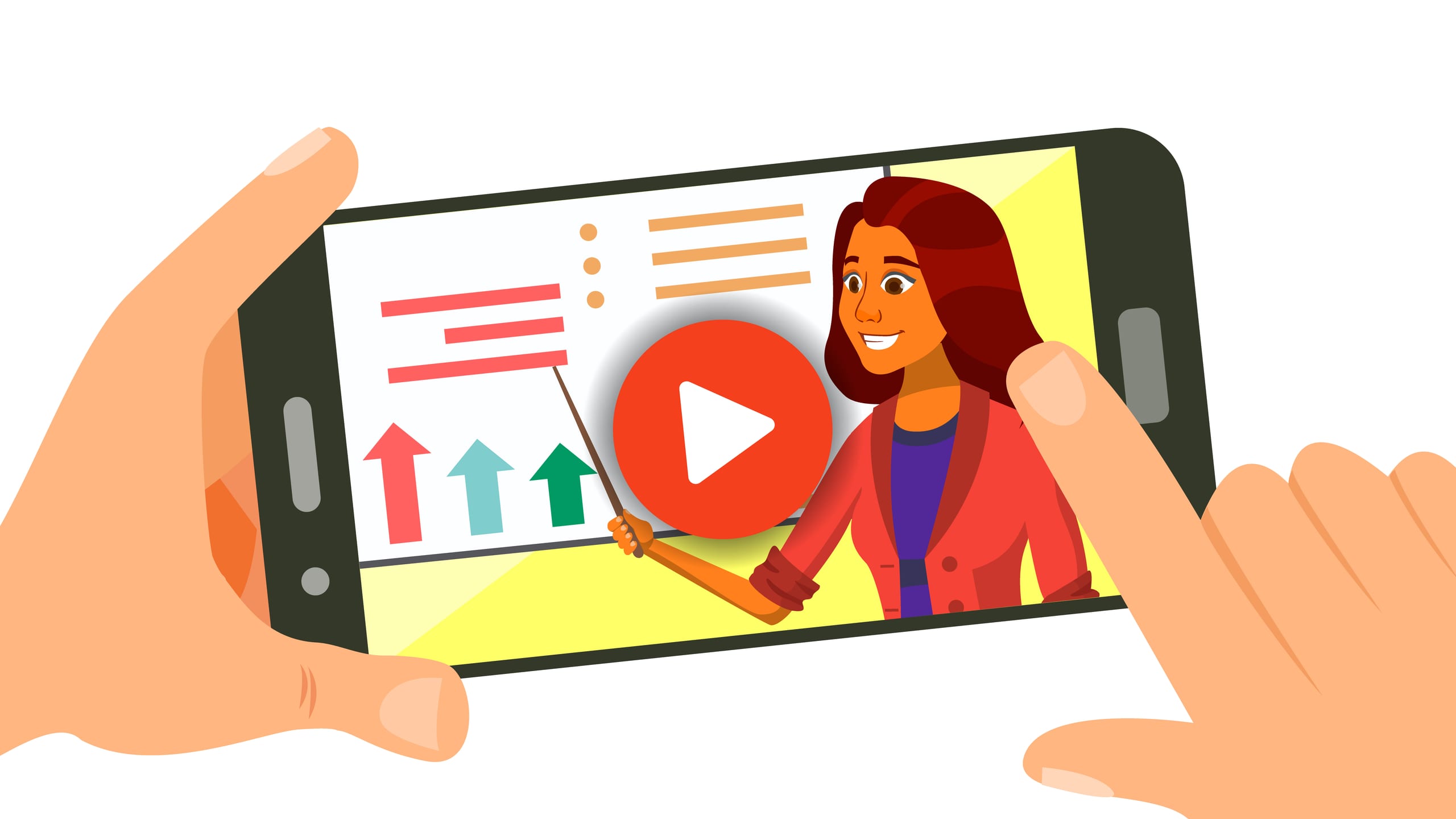Illustrazione di mani che guardano un video tutorial sullo smartphone