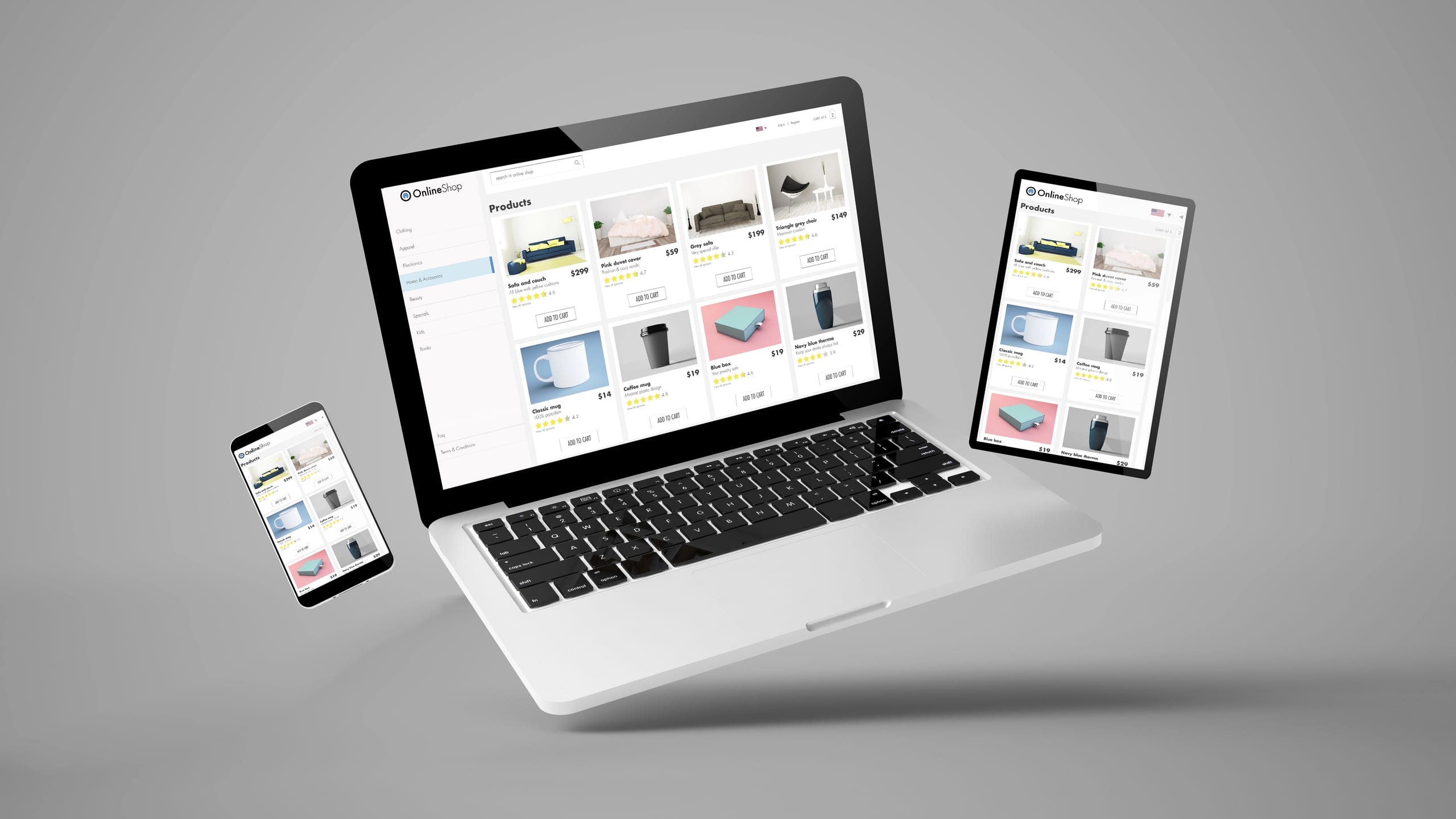 Negozio online visualizzato su portatile, tablet e smartphone