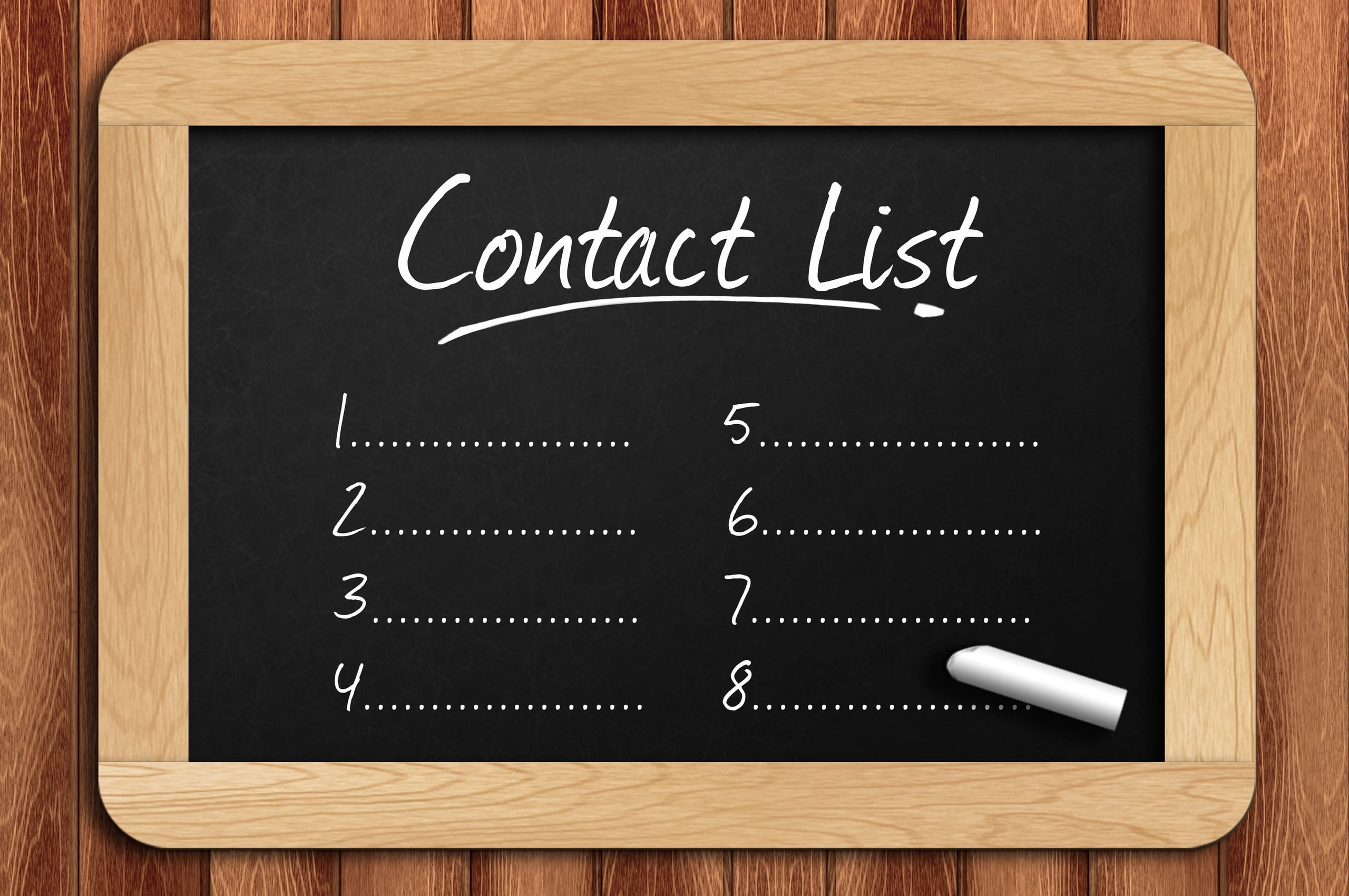 Lavagna con la scritta Contact List e un elenco numerato da compilare