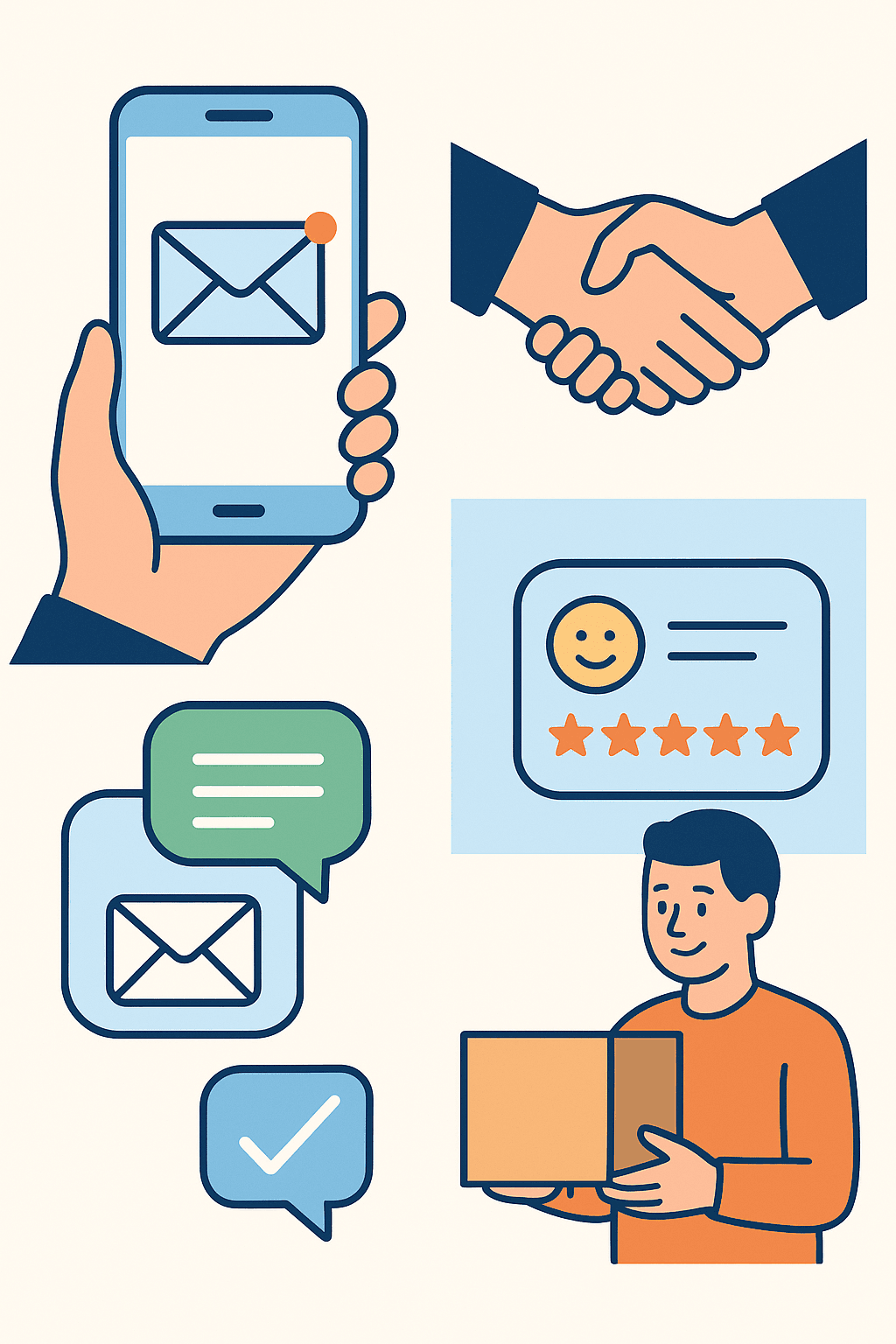 Illustrazione di email, recensioni positive e consegna per fidelizzare i clienti