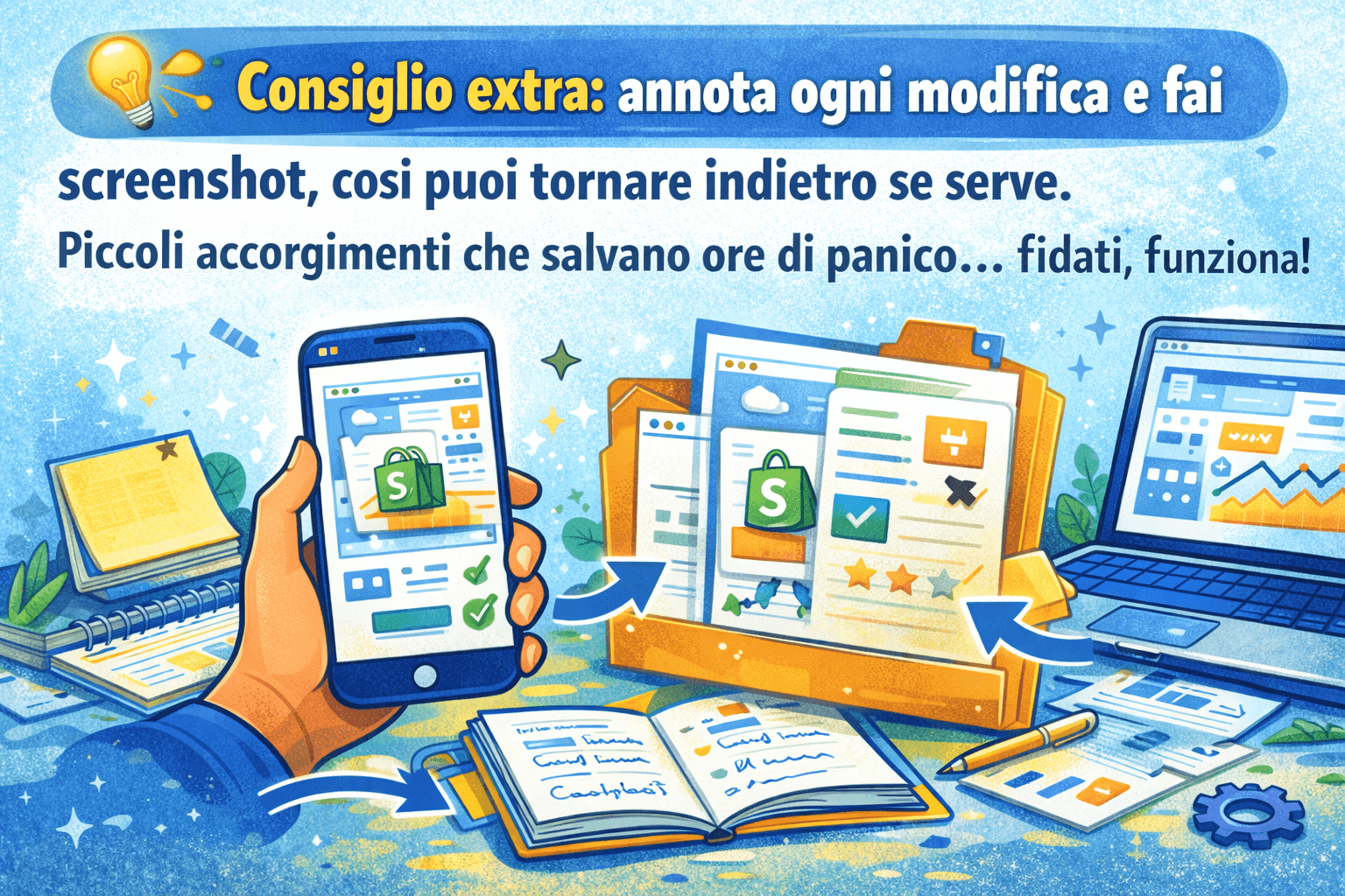 Illustrazione del consiglio di annotare ogni modifica e fare screenshot su Shopify