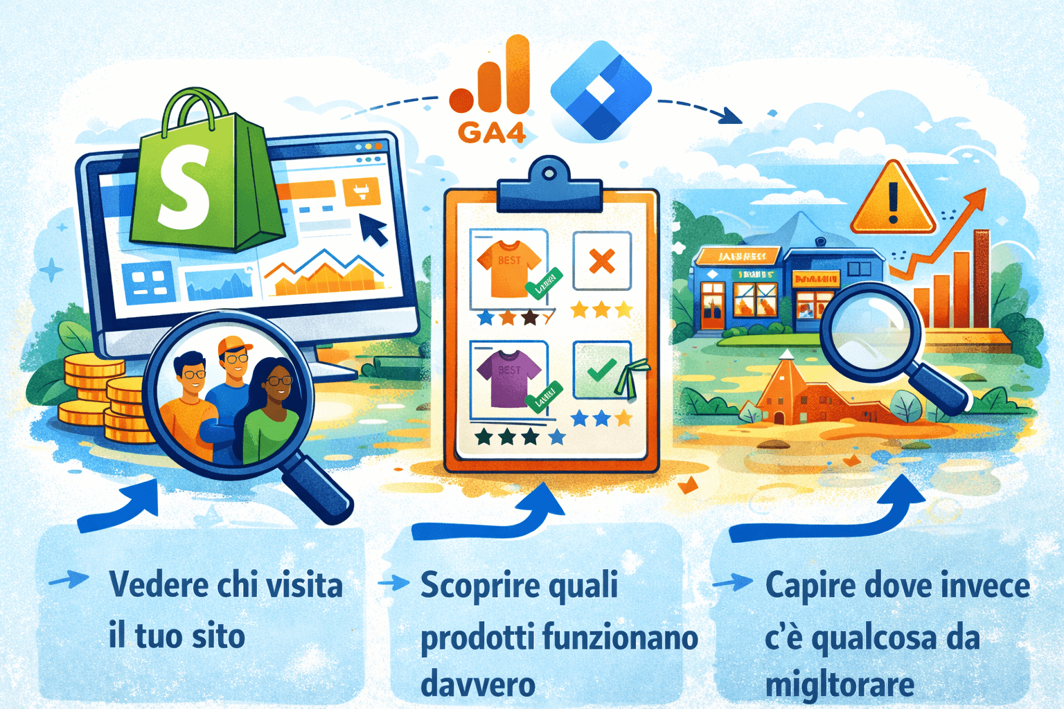 Illustrazione di Shopify con GA4 e Tag Manager per analizzare visite e prodotti