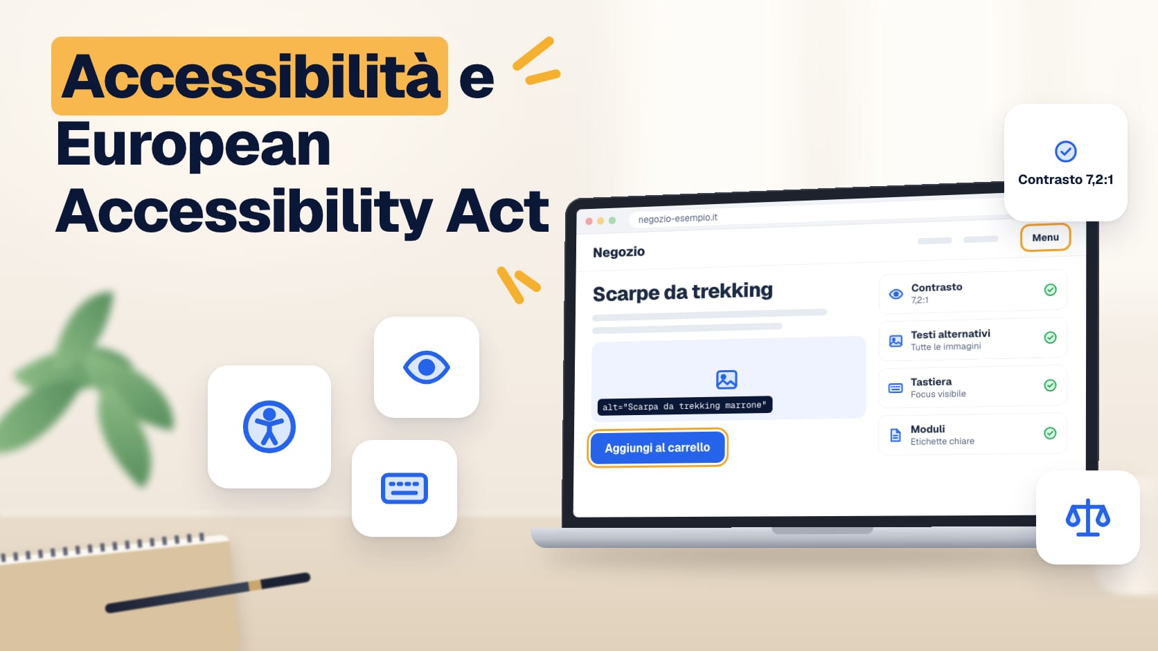 Illustrazione: pagina di un e-commerce con controlli di accessibilità: contrasto, testo alternativo, tastiera