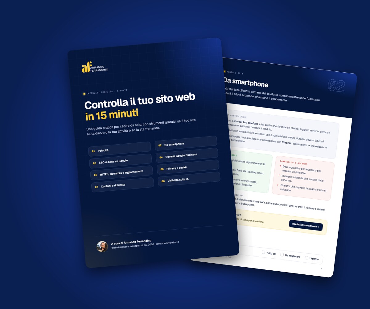 Anteprima della checklist gratuita in PDF: copertina e pagina del controllo da smartphone