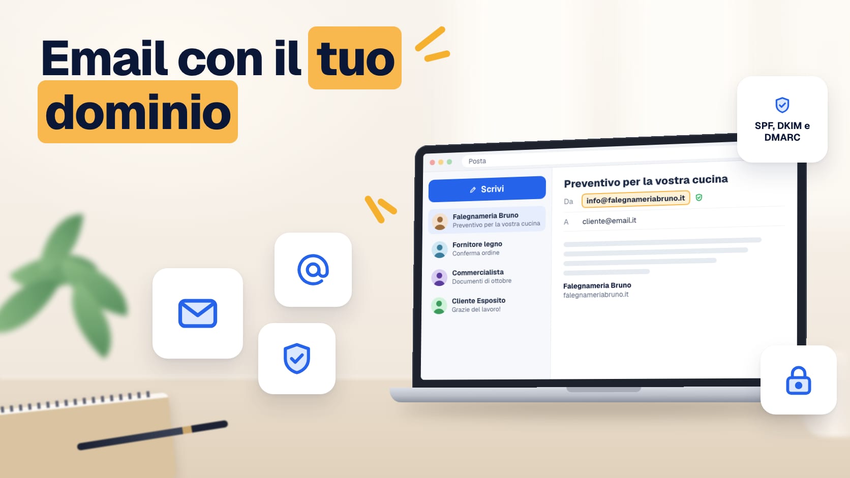 Illustrazione: casella di posta con un messaggio inviato da info@ con il dominio dell'azienda