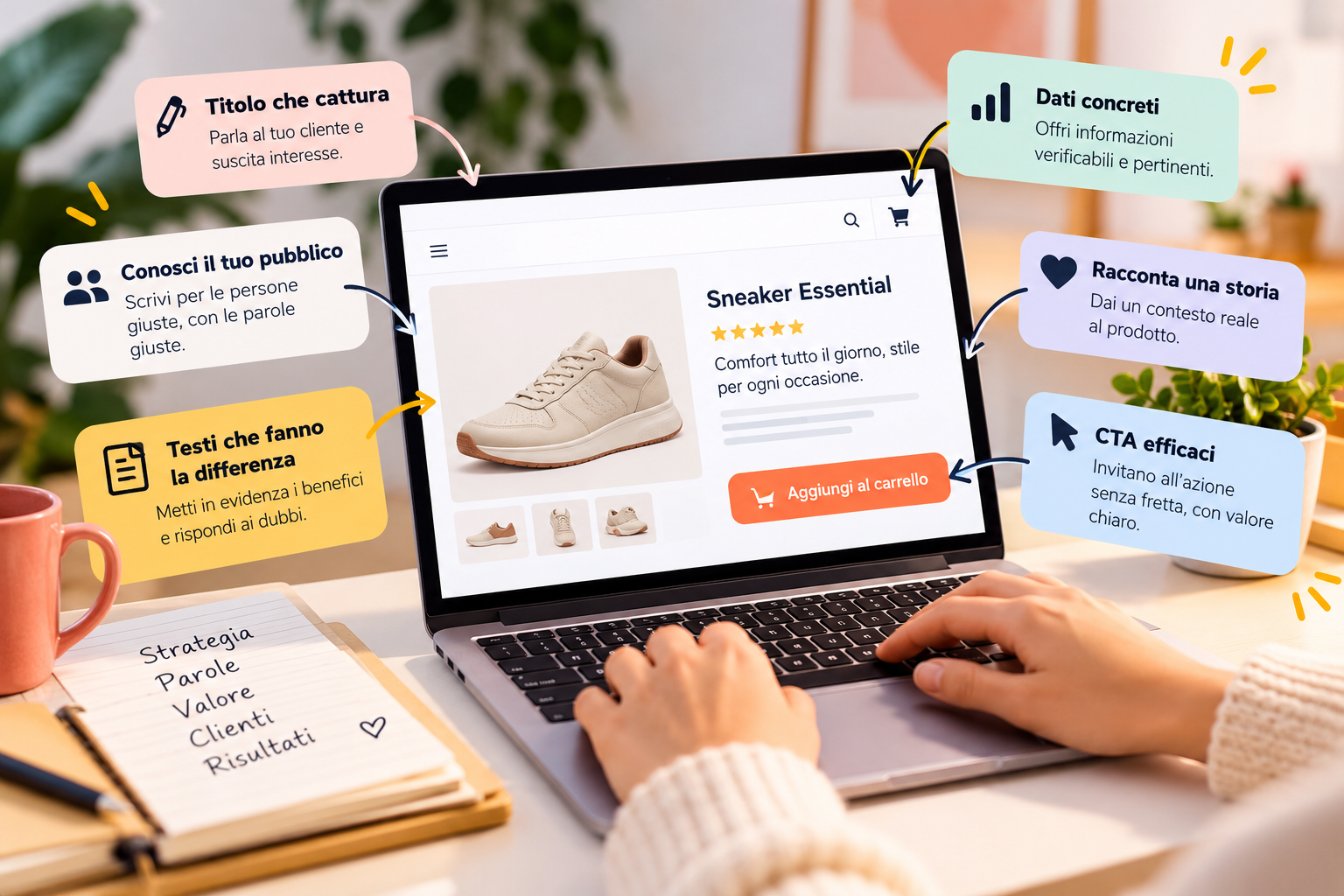 Scheda prodotto e-commerce con titolo, descrizione, recensioni e pulsante, annotata con i consigli di copywriting