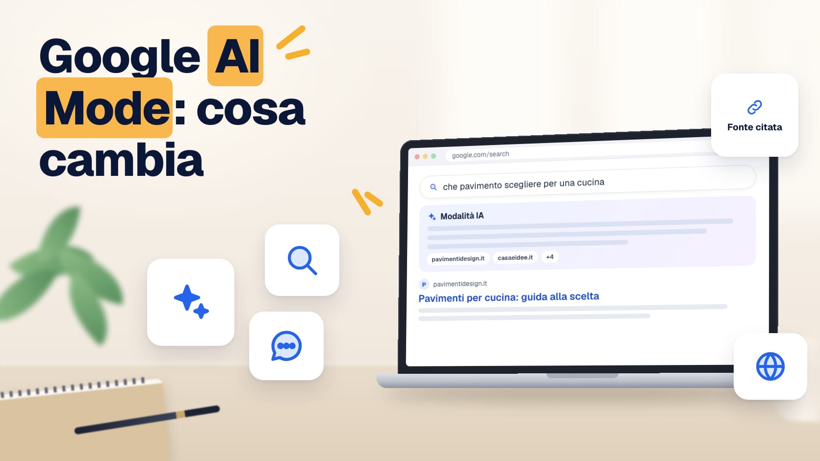 Illustrazione: ricerca su Google in modalità IA con una risposta generata e le fonti citate sotto