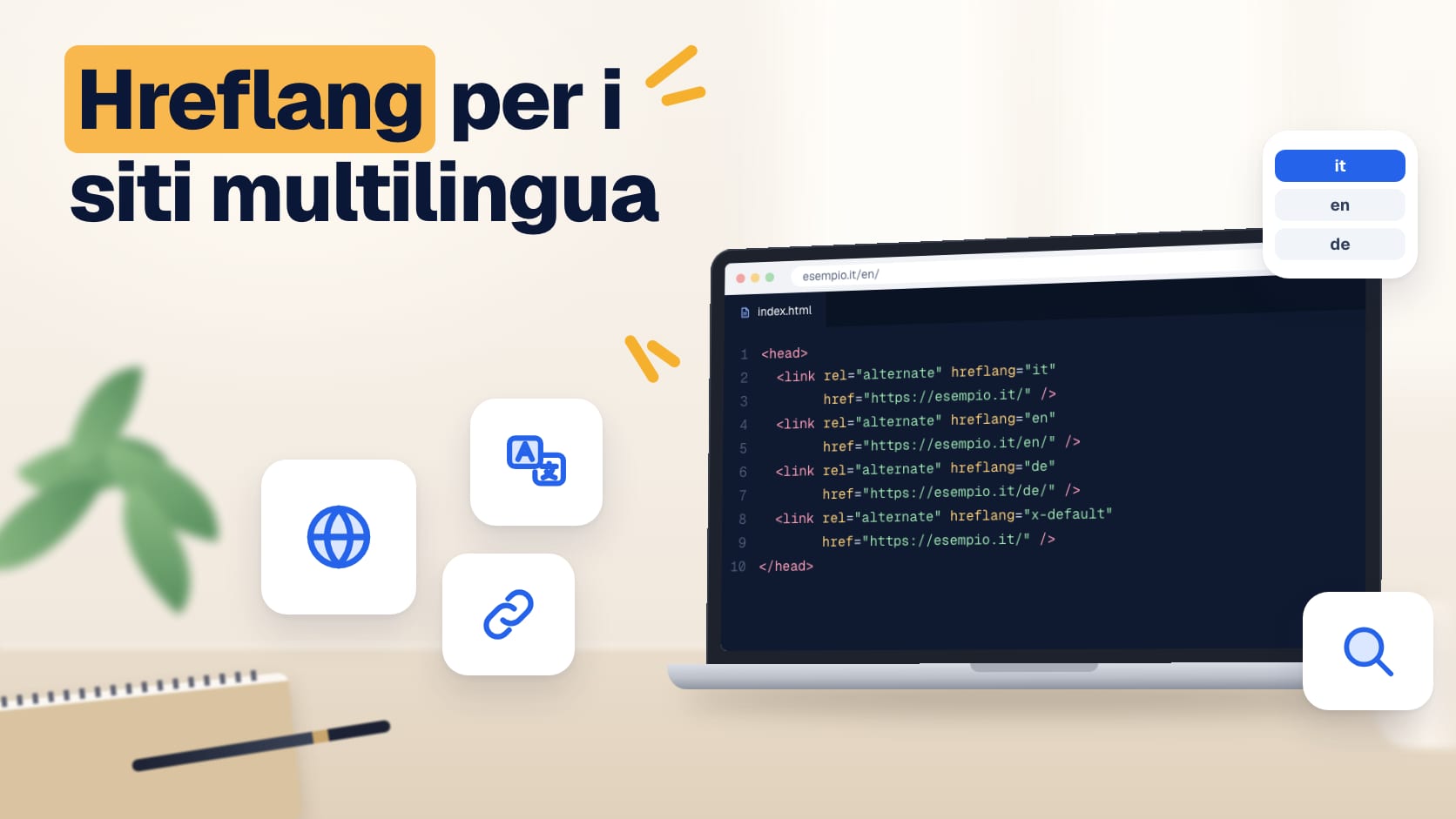 Illustrazione: codice HTML con i tag hreflang per italiano, inglese e tedesco su un portatile
