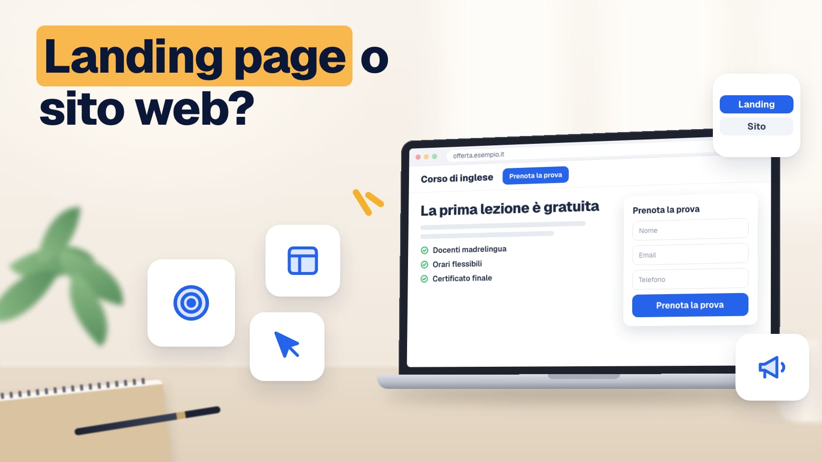 Illustrazione: landing page con un solo obiettivo, elenco dei vantaggi e modulo di contatto