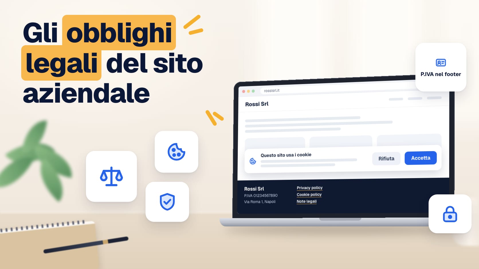Illustrazione: sito aziendale con banner dei cookie e footer con partita IVA, privacy policy e cookie policy
