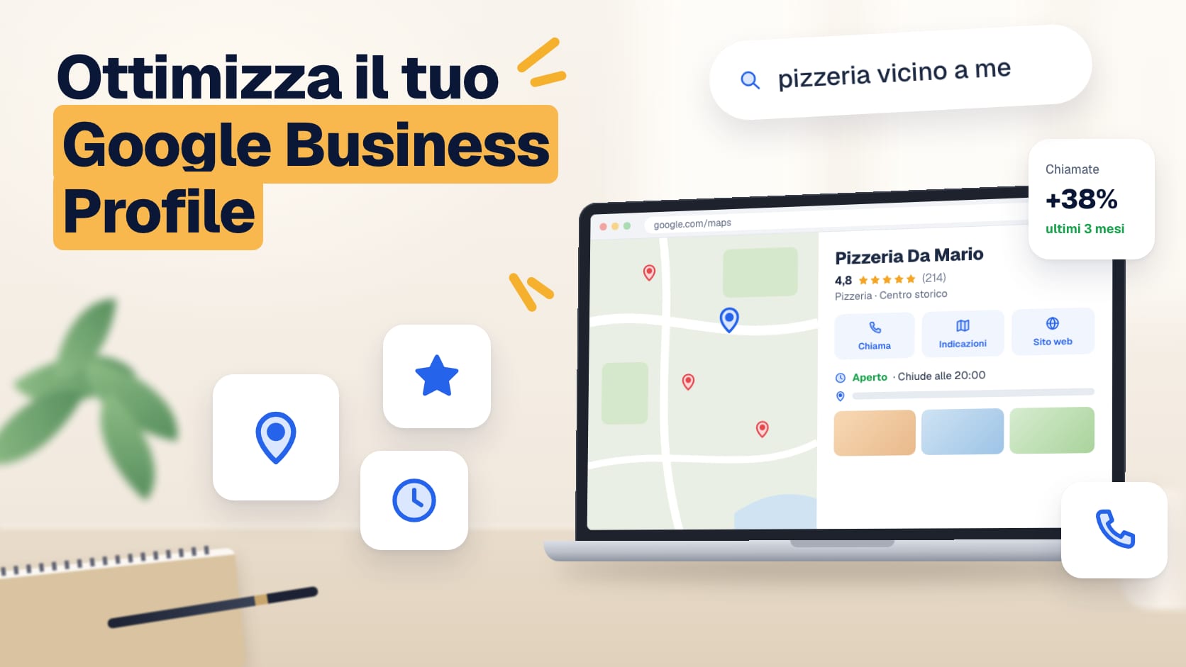 Illustrazione: scheda di un'attività su Google con mappa, stelle e pulsanti Chiama e Indicazioni su un portatile
