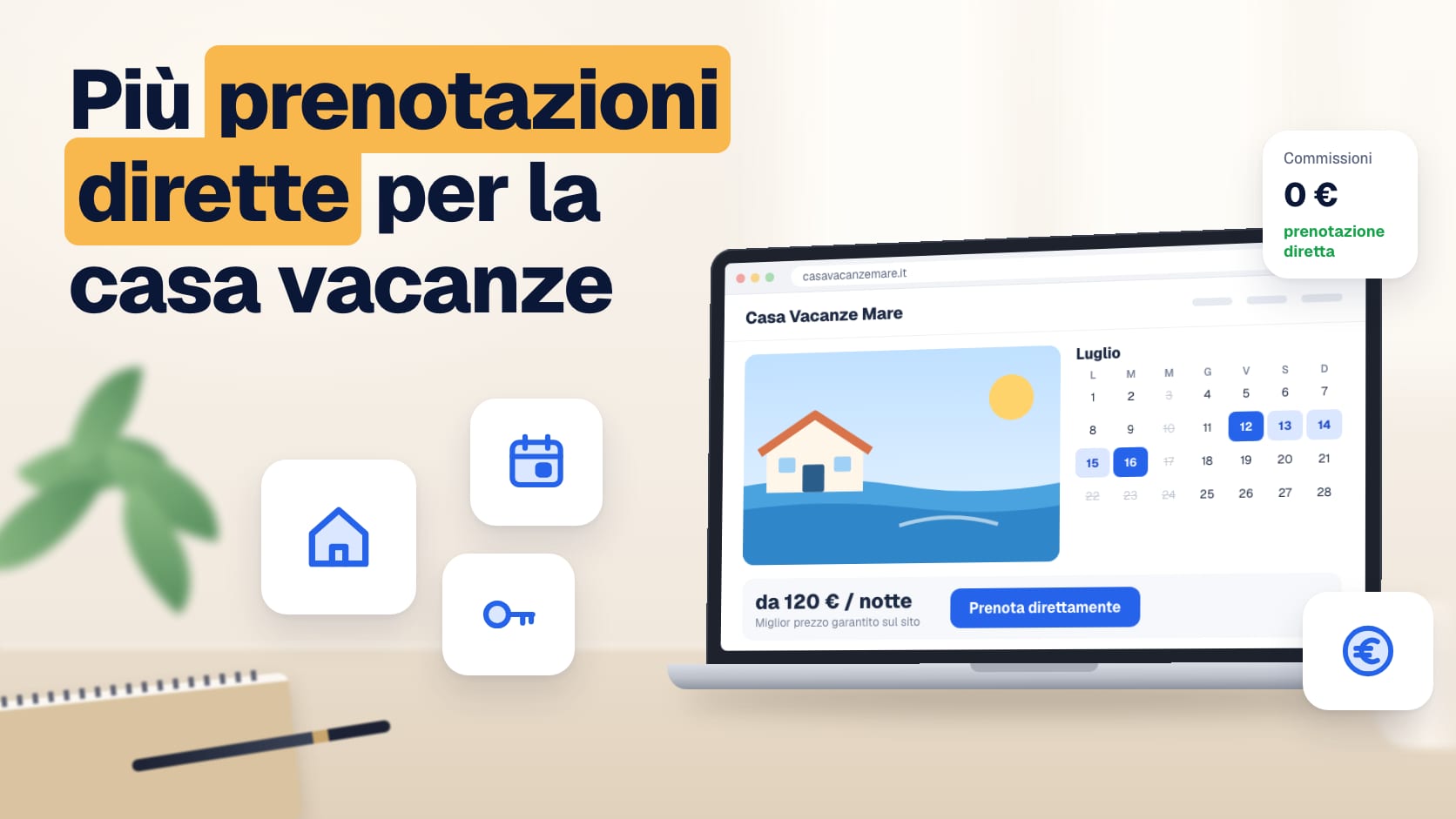 Illustrazione: sito di una casa vacanze con calendario delle date libere, prezzo a notte e pulsante Prenota direttamente