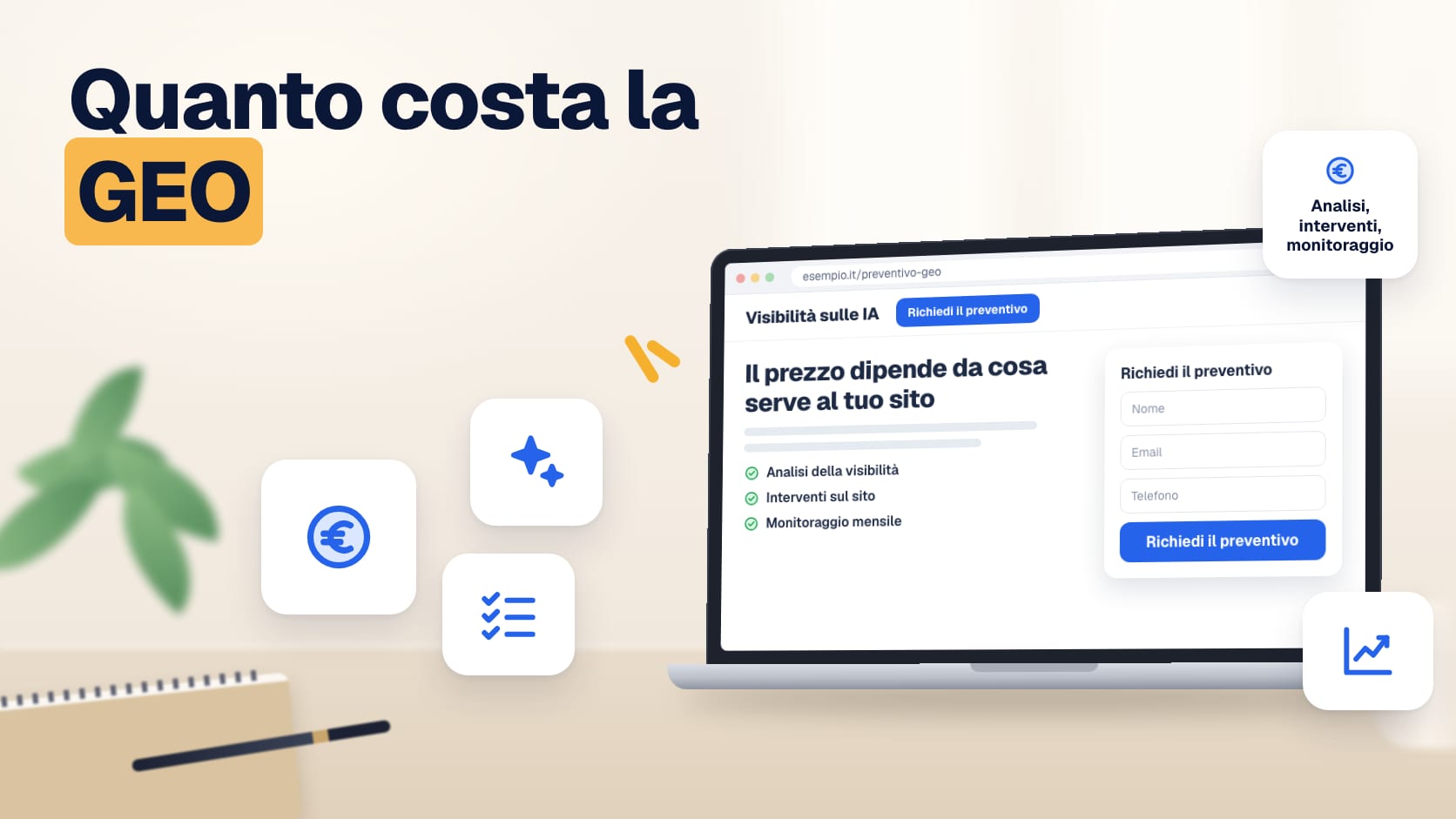 Illustrazione: pagina di preventivo per un servizio di visibilità sulle IA con analisi, interventi sul sito e monitoraggio