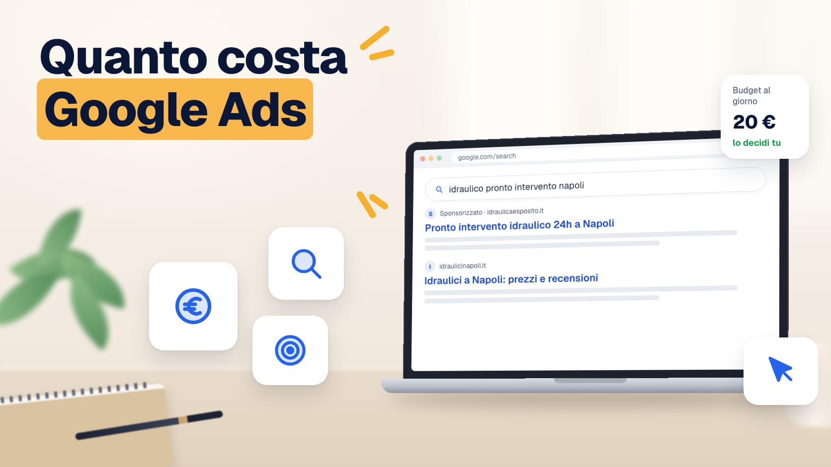 Illustrazione: pagina dei risultati con un annuncio sponsorizzato in cima e il budget giornaliero di una campagna