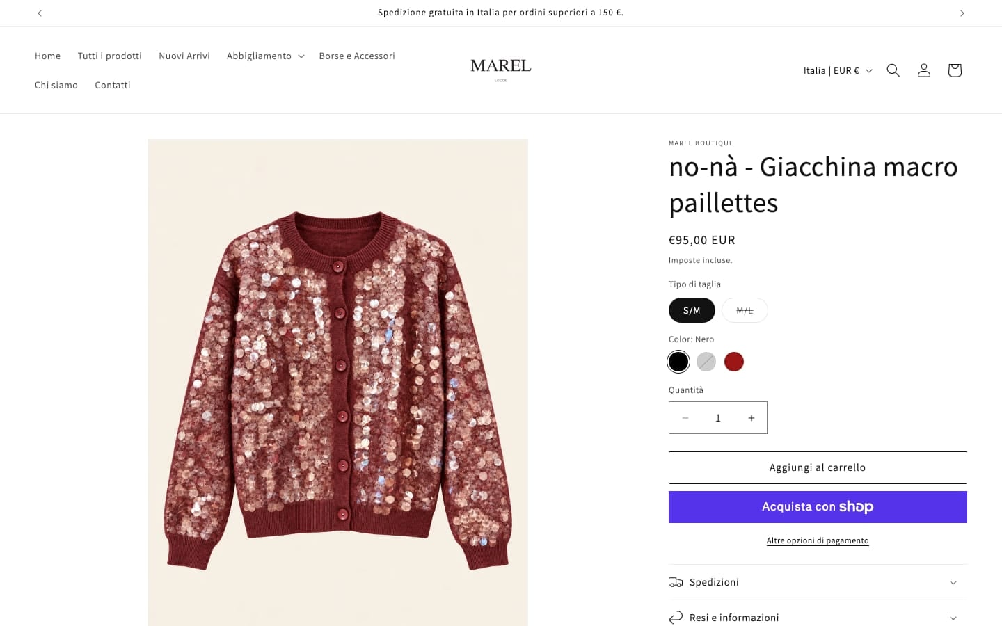 Scheda prodotto dell'e-commerce Shopify Marel Boutique