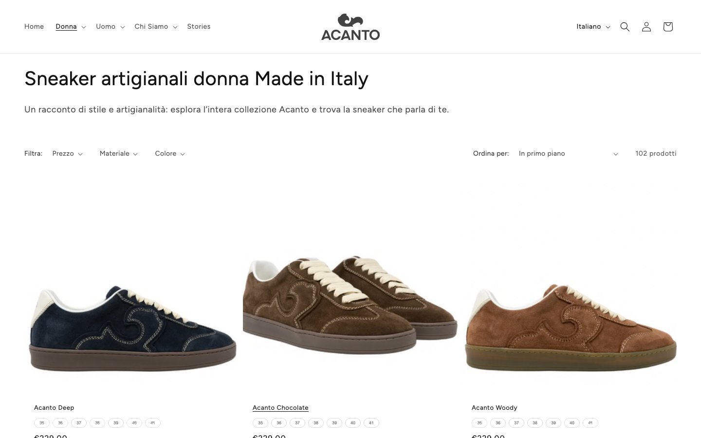 Pagina di categoria delle sneakers artigianali donna Acanto