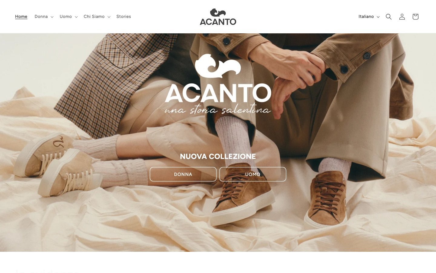 Home page dell'e-commerce Shopify di Acanto, sneakers artigianali fatte a mano in Salento