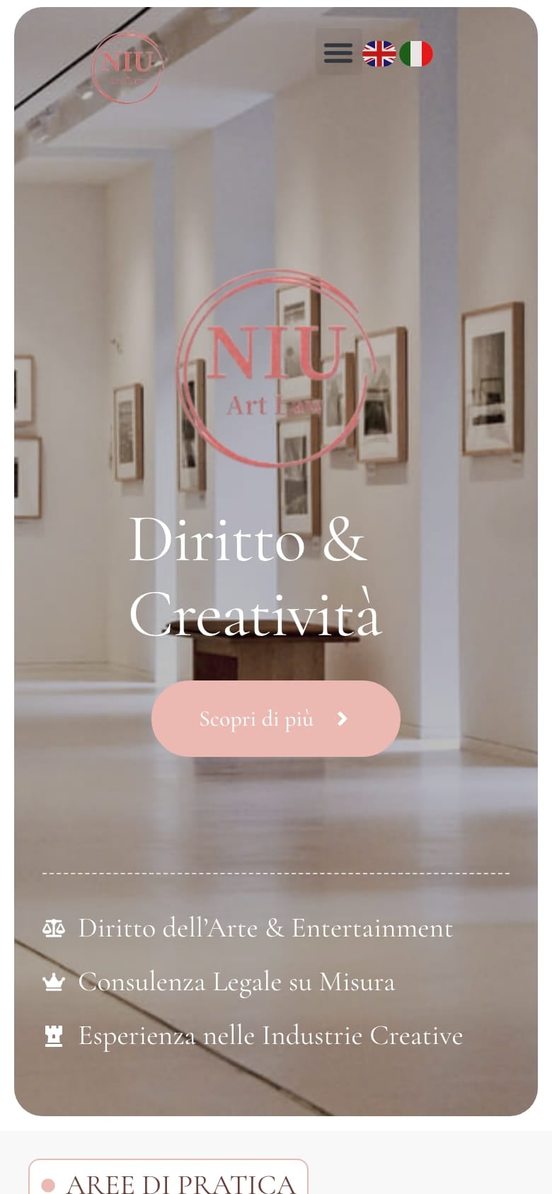 Home page di NIU Art Law vista da smartphone