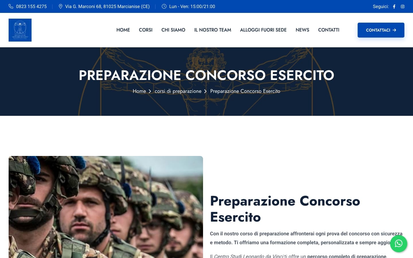 Pagina del corso di preparazione al concorso Esercito del Centro Studi Leonardo Da Vinci