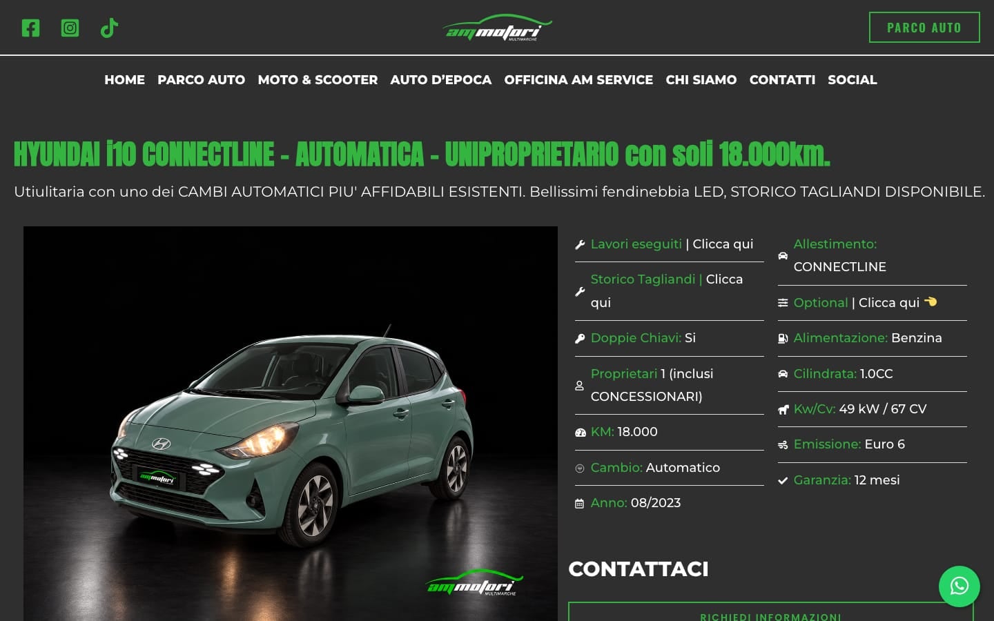 Scheda di un'auto usata sul sito AM Motori con chilometri, proprietari e garanzia