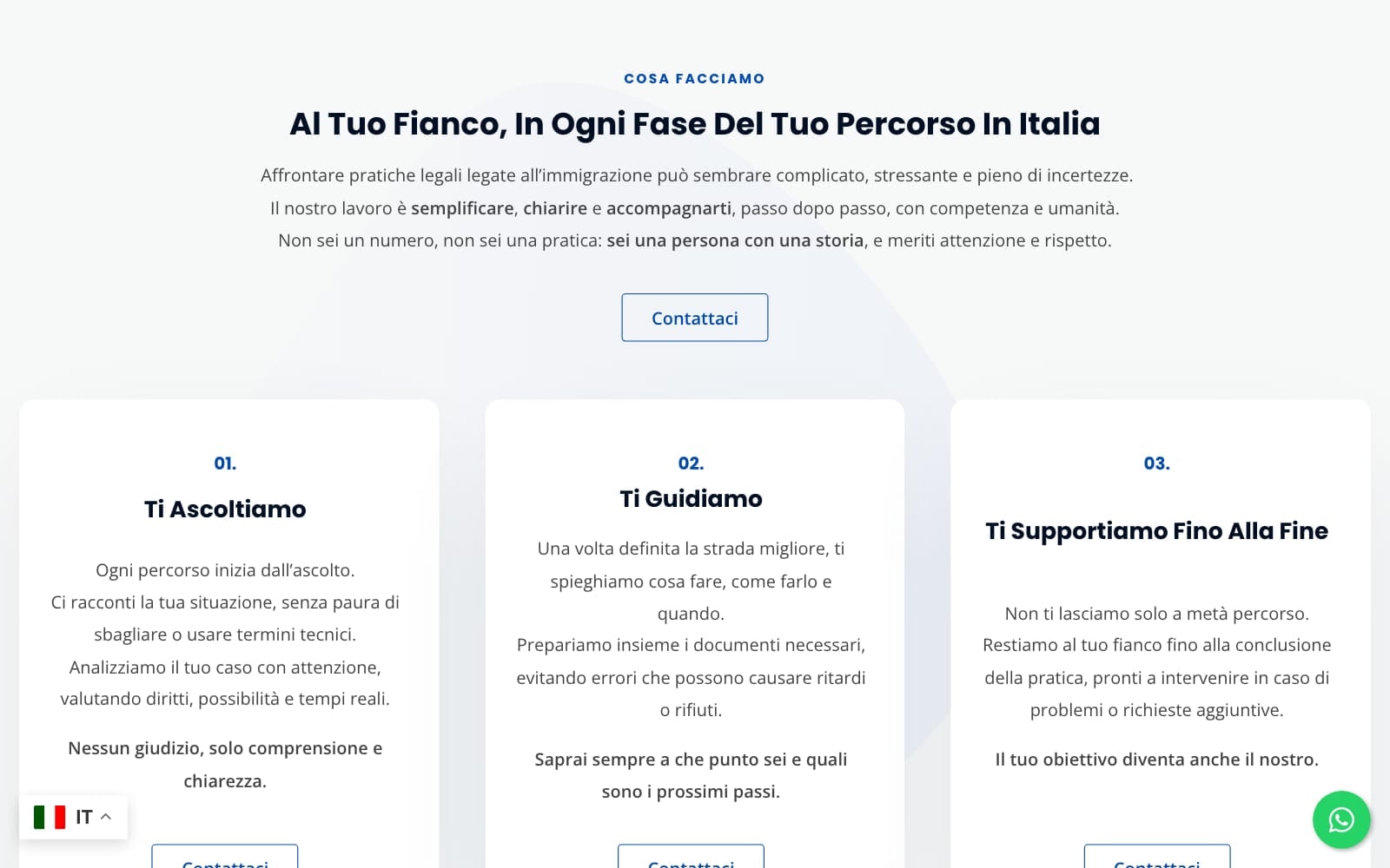 Sezione Cosa facciamo del sito Amico Straniero con i tre passaggi