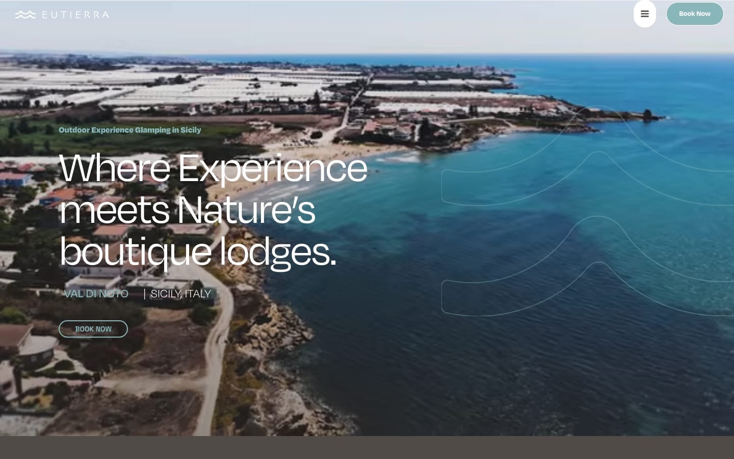 Home page del sito di Eutierra Living, glamping sul mare in Val di Noto, Sicilia