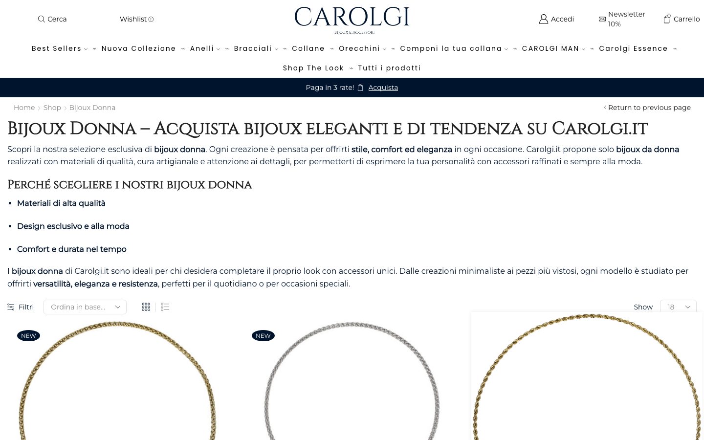 Pagina categoria Bijoux Donna dell'e-commerce Carolgi