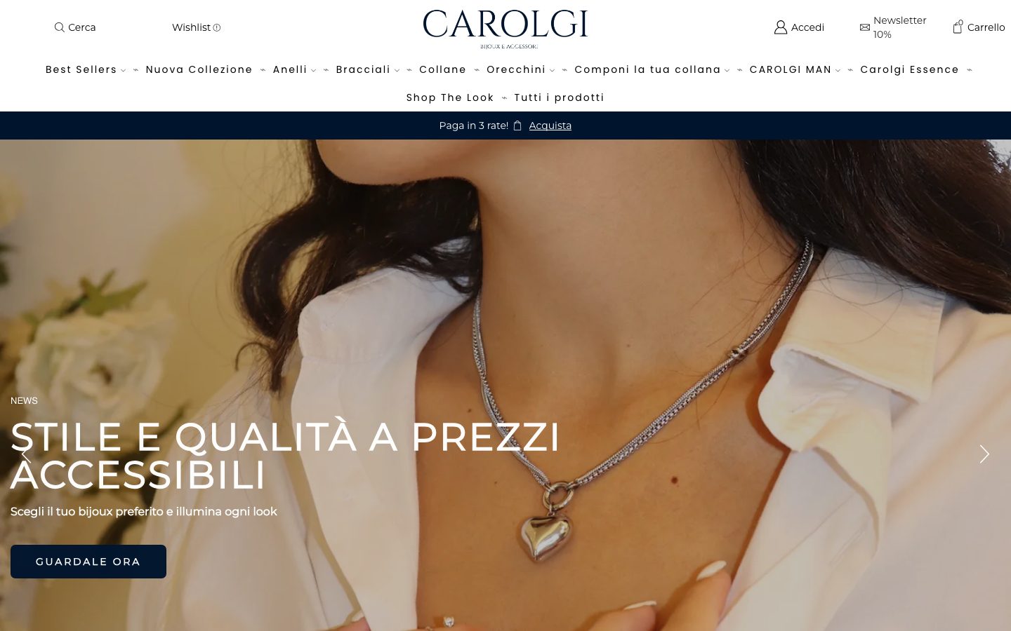 Home page dell'e-commerce di bijoux Carolgi con la collezione di ciondoli con lettera
