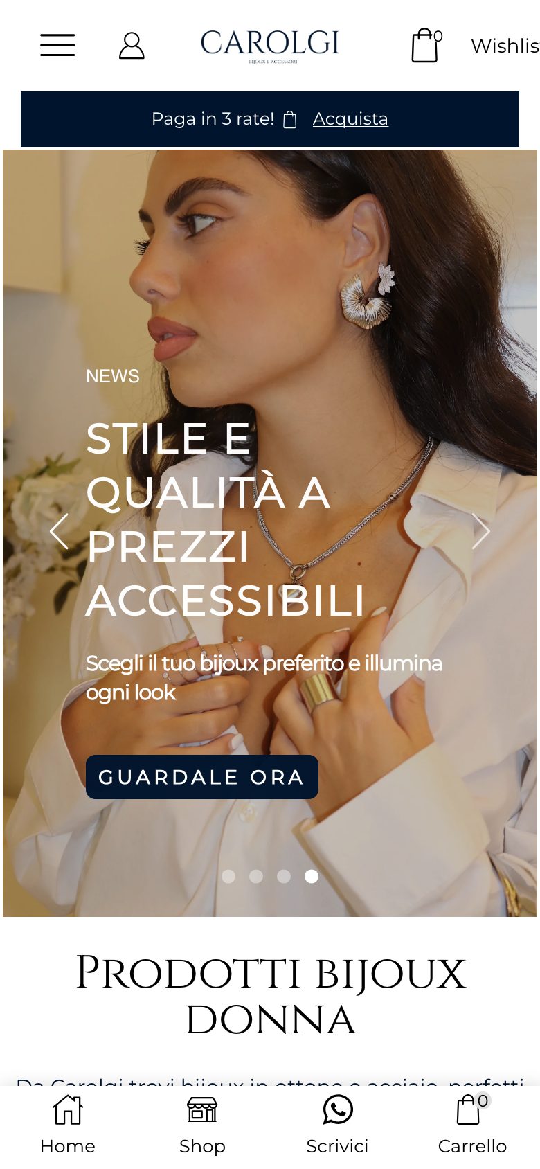Home page mobile dell'e-commerce Carolgi con la barra di navigazione in basso