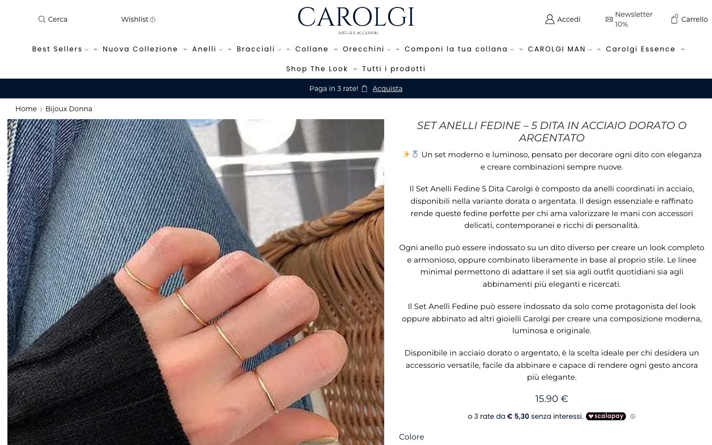 Scheda prodotto del set anelli fedine sull'e-commerce Carolgi