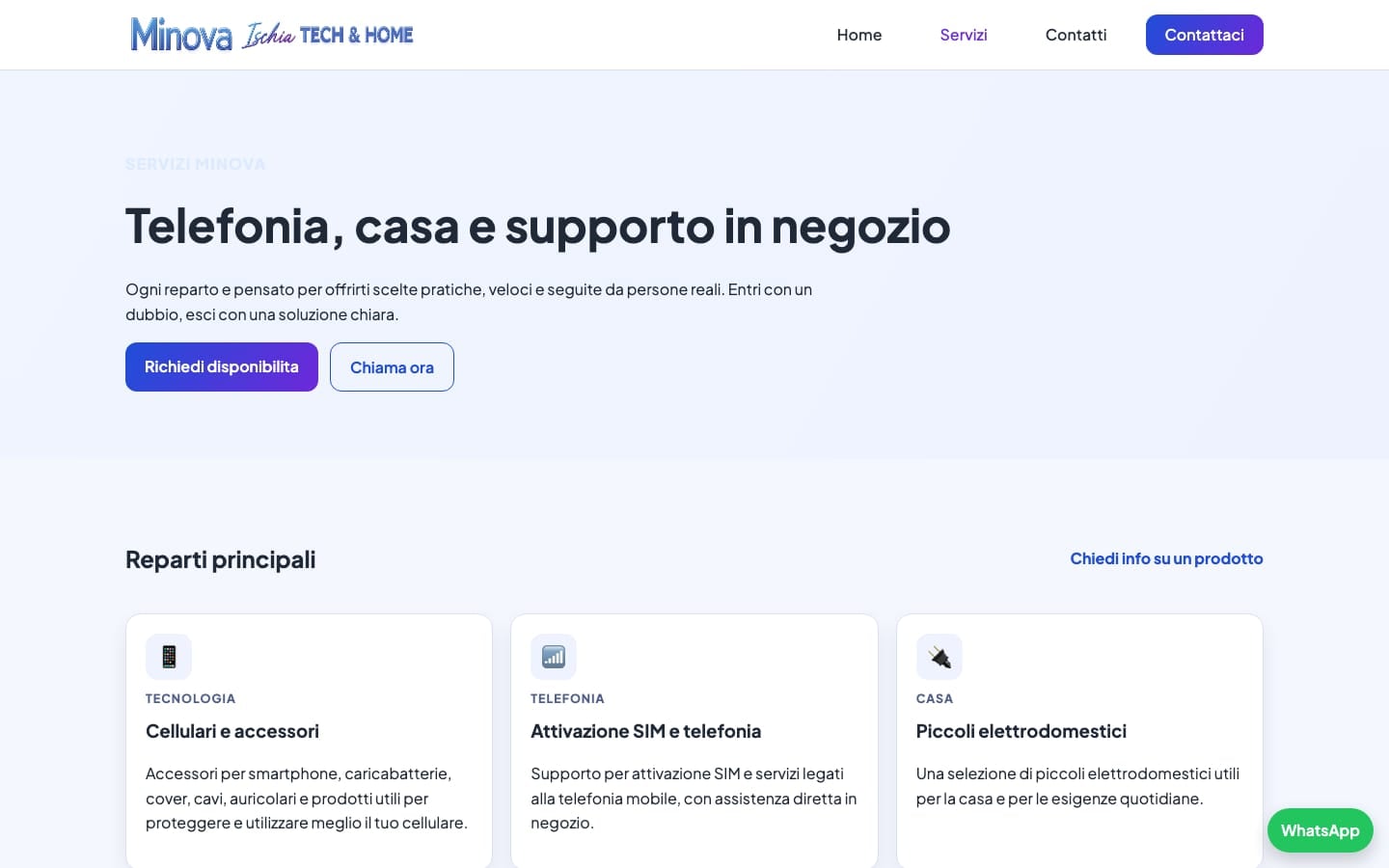Pagina servizi del sito Minova Ischia con telefonia, SIM e piccoli elettrodomestici