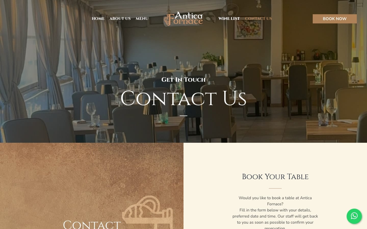 Pagina contatti e prenotazione del Ristorante Antica Fornace con la sala