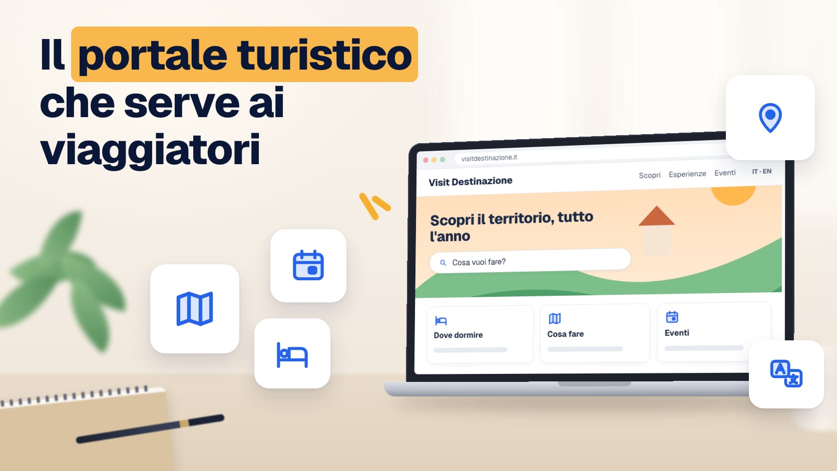 Illustrazione: portale turistico di una destinazione con ricerca, sezioni Dove dormire, Cosa fare ed Eventi