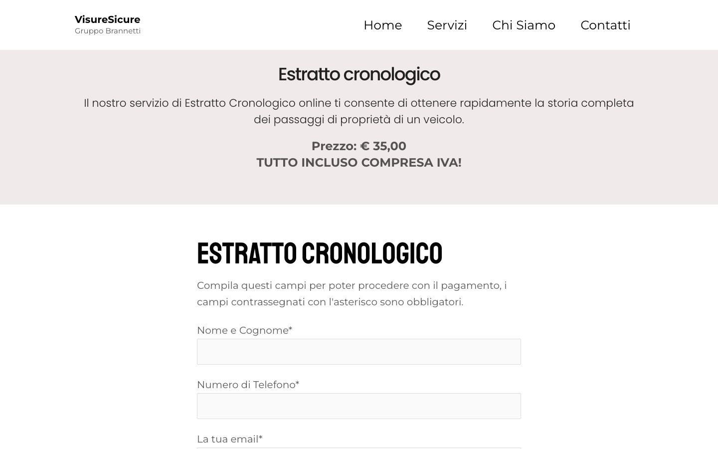 Pagina di acquisto dell'estratto cronologico PRA online di VisureSicure con il modulo d'ordine